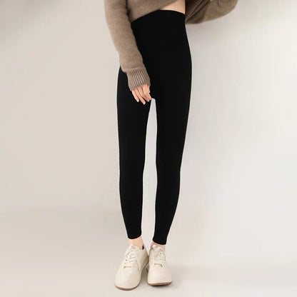 Knitted Pure Wool Leggings with High Waist for Fine Knit Ladies' Leggings in Neutral Shade