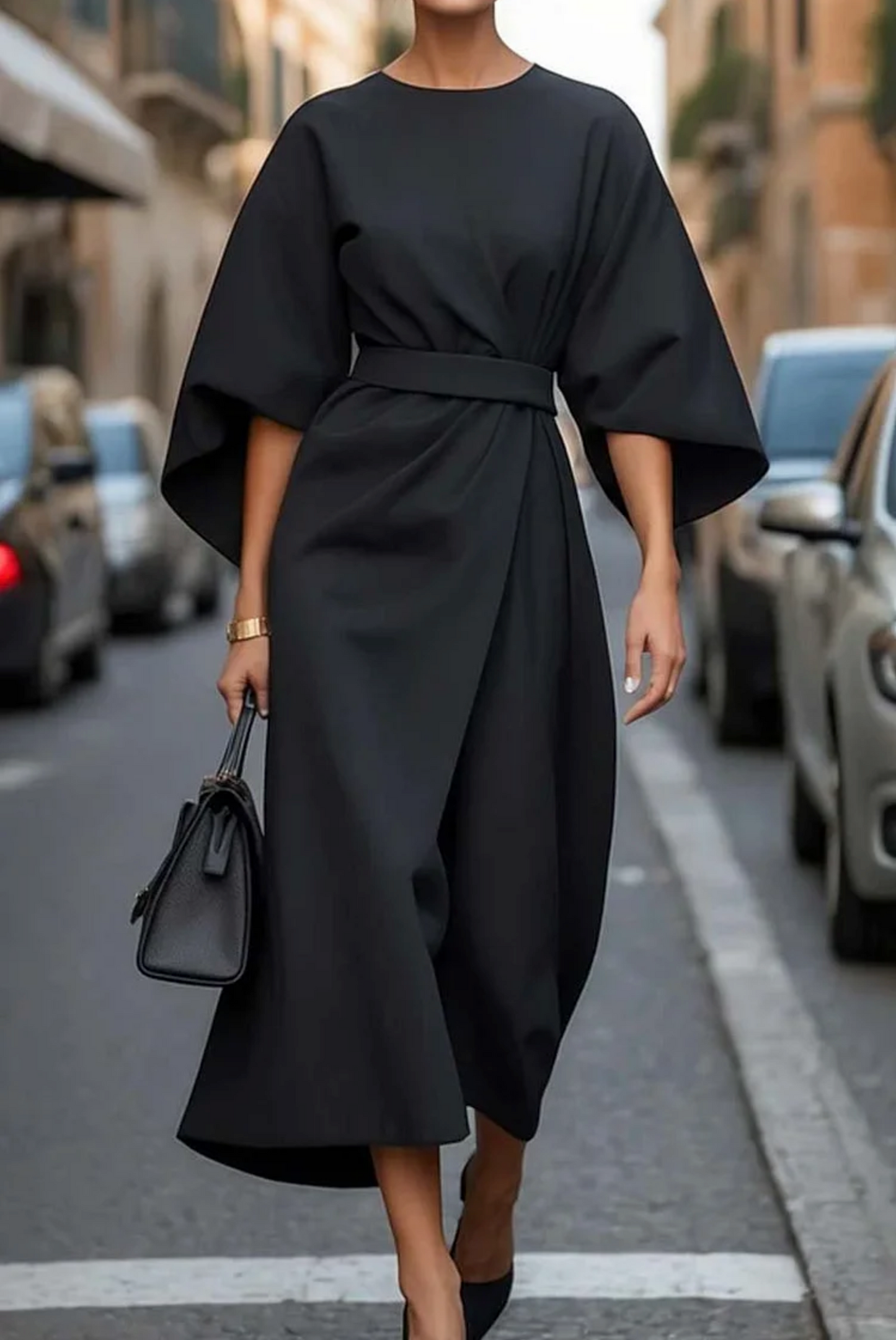 Elegant Summer Dress with Belt and Wide Sleeves for Women