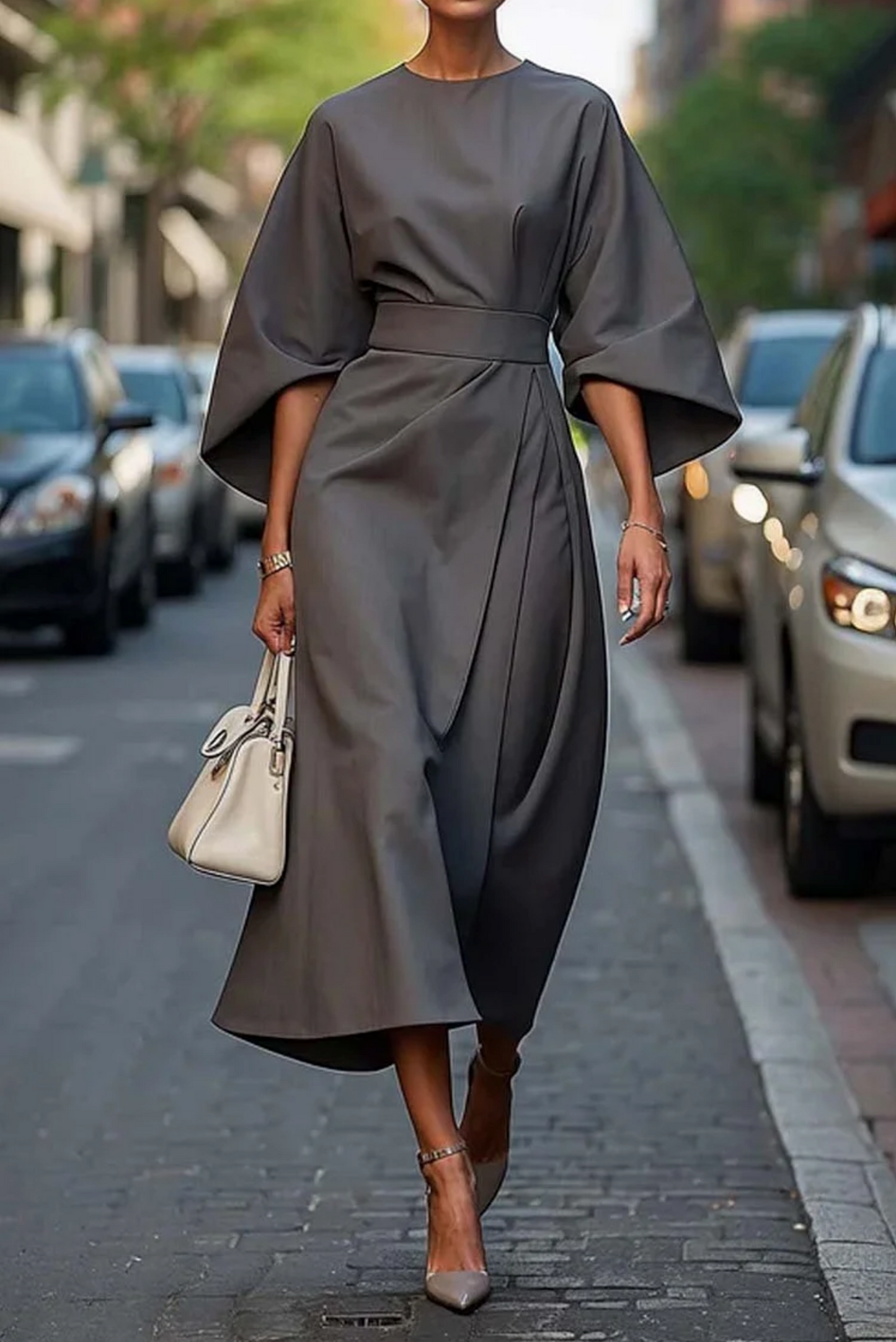 Elegant Summer Dress with Belt and Wide Sleeves for Women