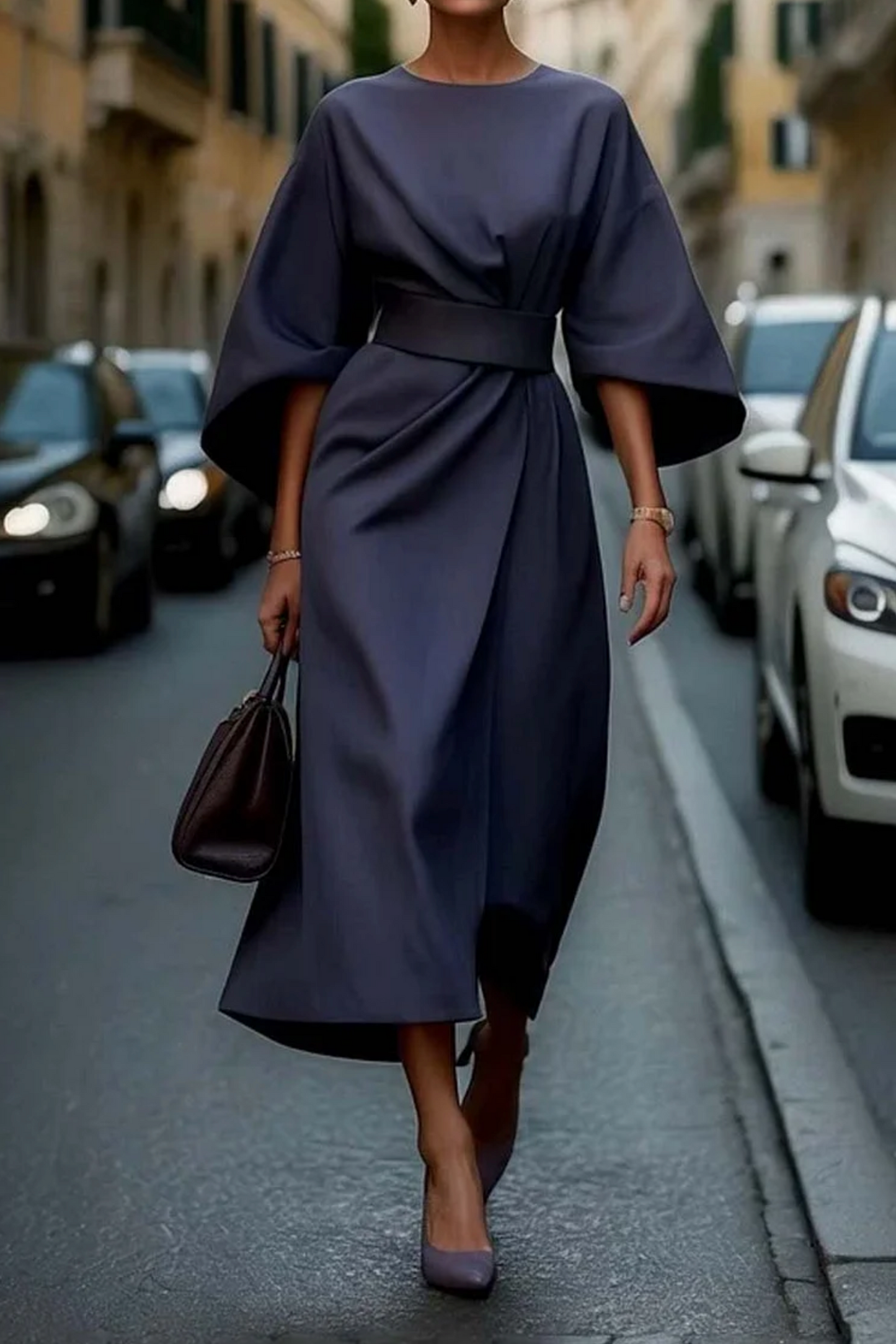 Elegant Summer Dress with Belt and Wide Sleeves for Women