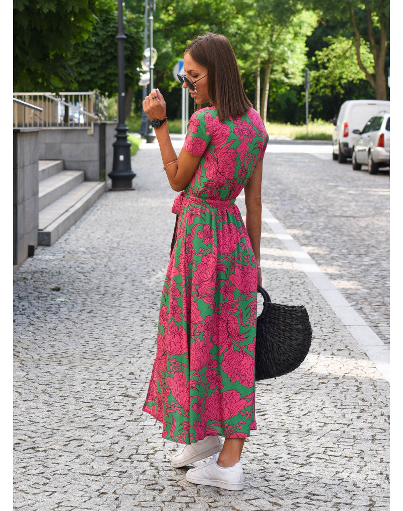 Light Floral Print Summer Dress for Women with Waistband and Split
