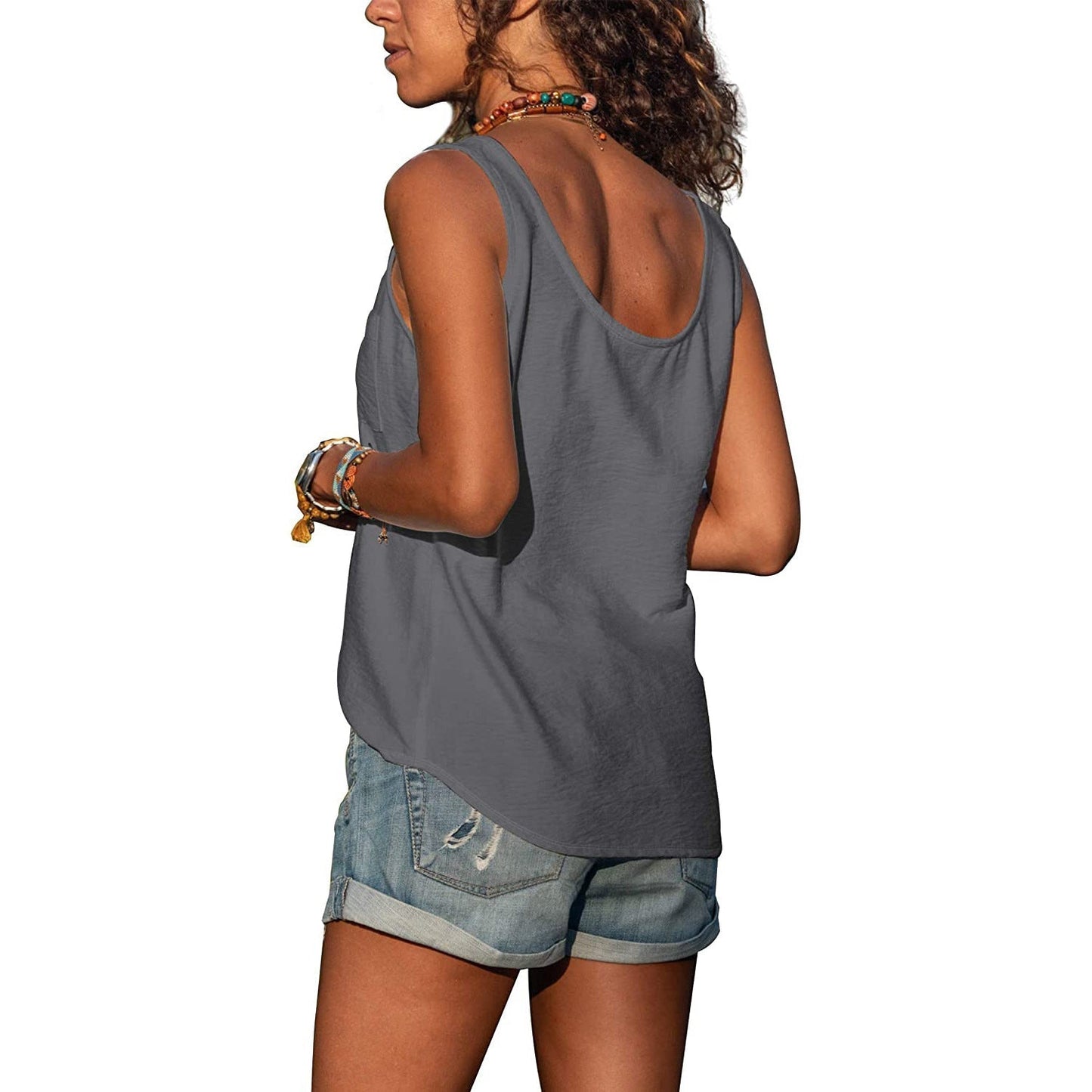 Ladies' Tank Top with Button Detail and Round Neck Summer Top