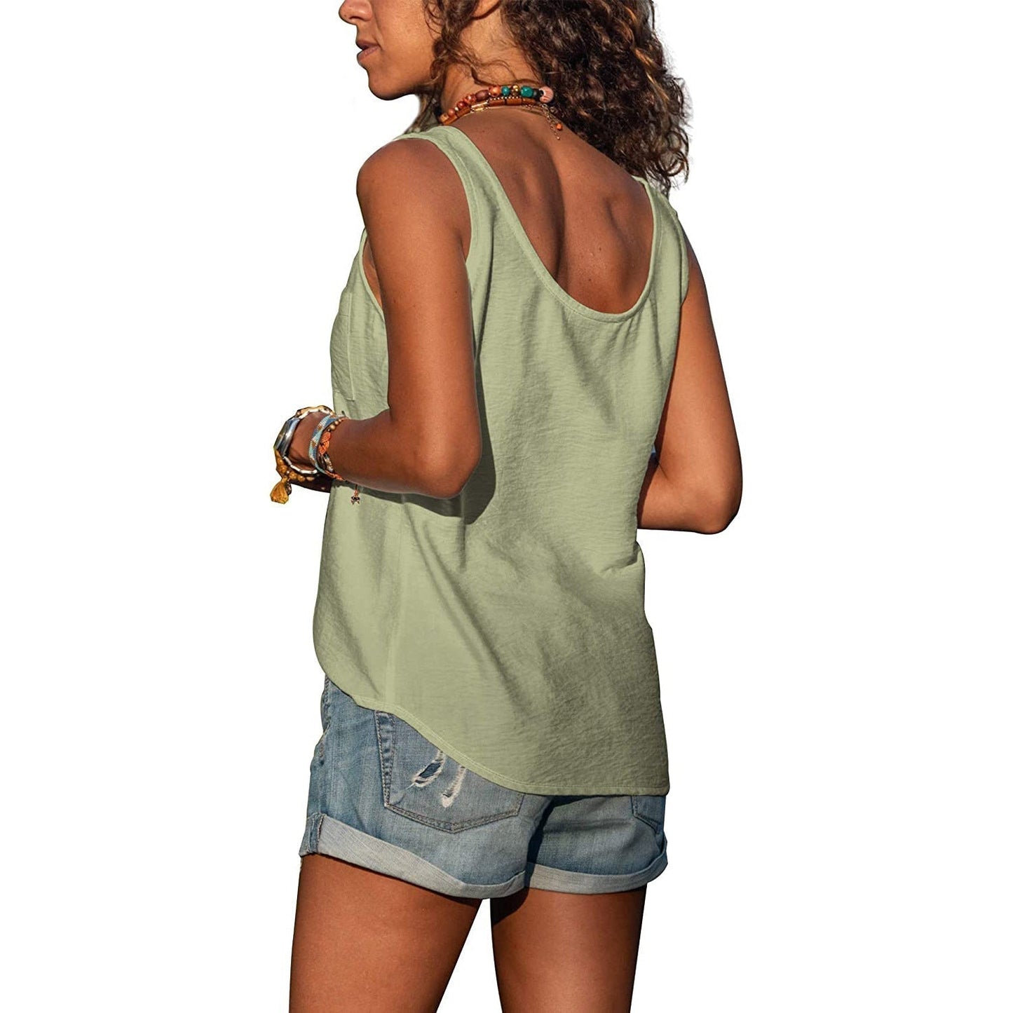 Ladies' Tank Top with Button Detail and Round Neck Summer Top