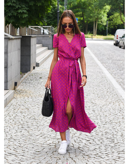 Light Floral Print Summer Dress for Women with Waistband and Split