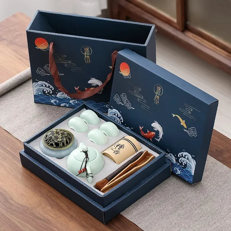 Tea Set with Traditional Ceramic Teapot, Cups, and Incense Holder for Relaxing Tea Moments