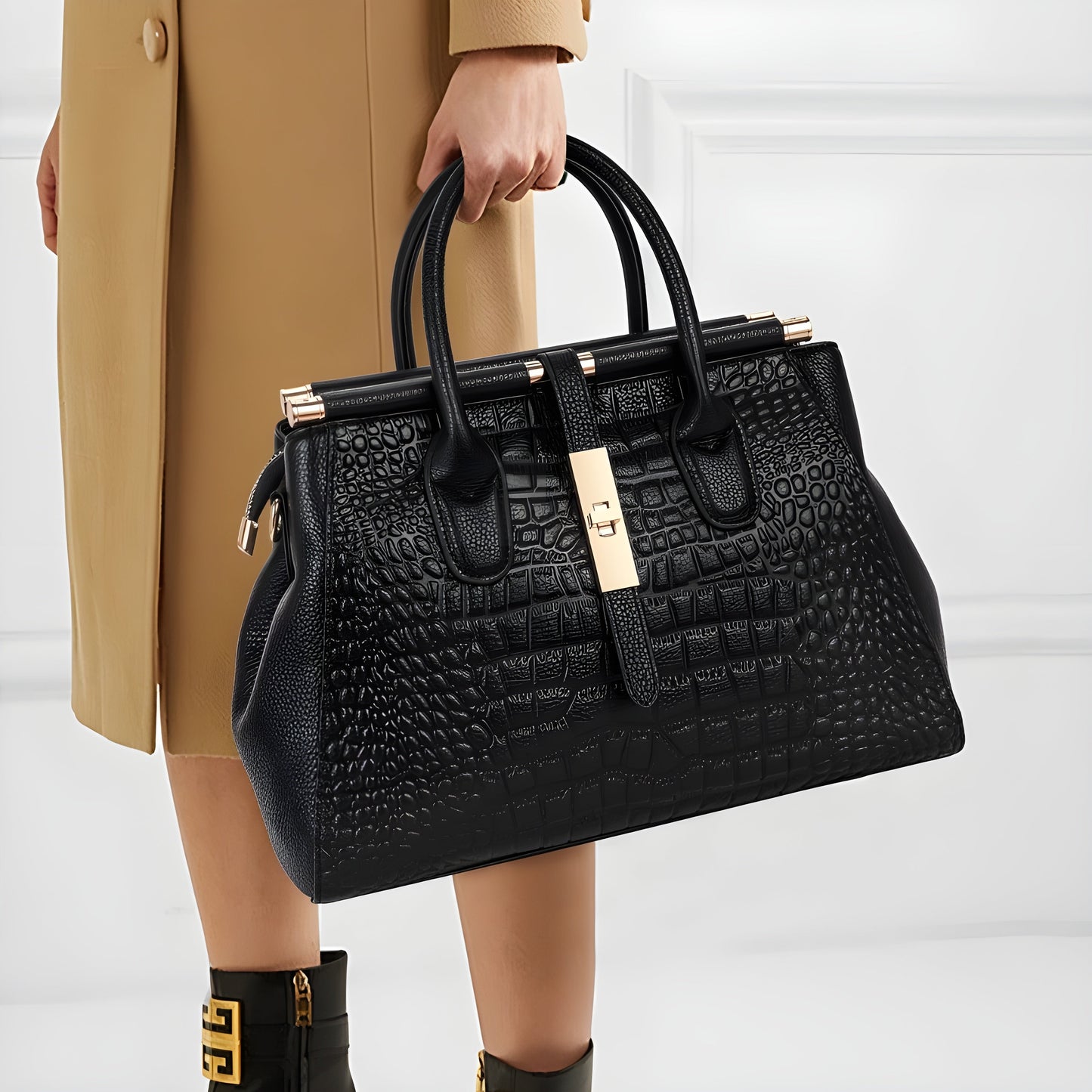Ladies' Leather Handbag with Alligator Relief and Multiple Compartments