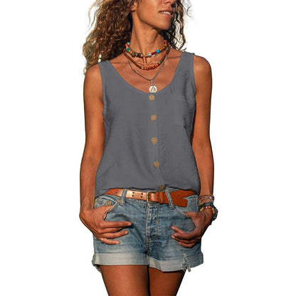 Ladies' Tank Top with Button Detail and Round Neck Summer Top