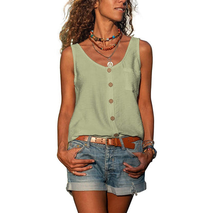 Ladies' Tank Top with Button Detail and Round Neck Summer Top