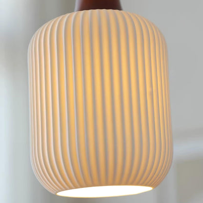Ceramic Pendant Light with Ribbed Design and Wooden Details for Atmospheric Lighting