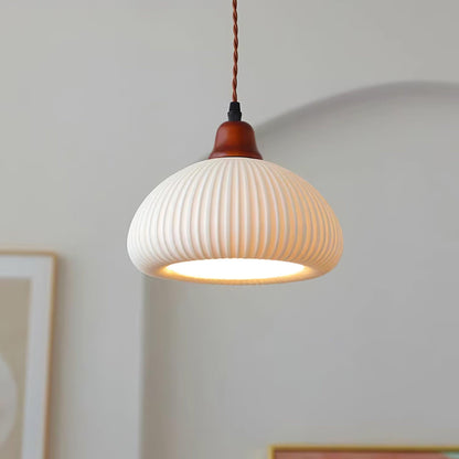 Ceramic Pendant Light with Ribbed Design and Wooden Details for Atmospheric Lighting