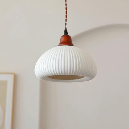Ceramic Pendant Light with Ribbed Design and Wooden Details for Atmospheric Lighting
