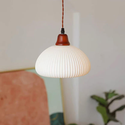 Ceramic Pendant Light with Ribbed Design and Wooden Details for Atmospheric Lighting
