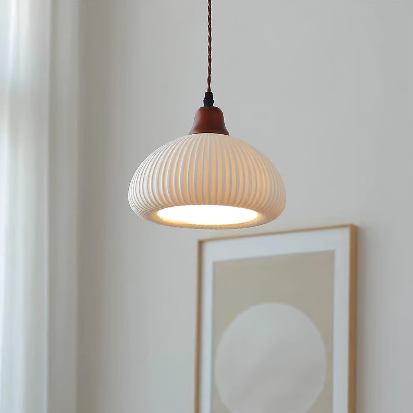 Ceramic Pendant Light with Ribbed Design and Wooden Details for Atmospheric Lighting