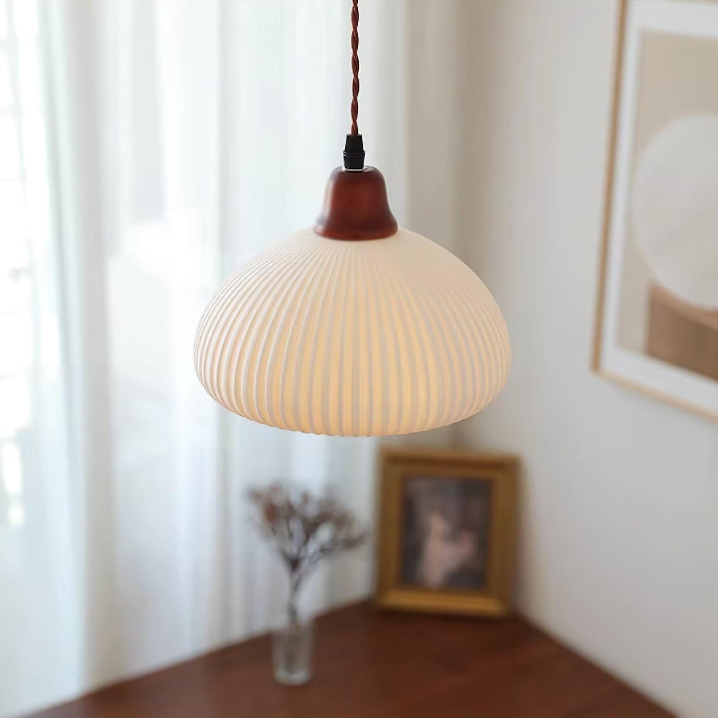 Ceramic Pendant Light with Ribbed Design and Wooden Details for Atmospheric Lighting