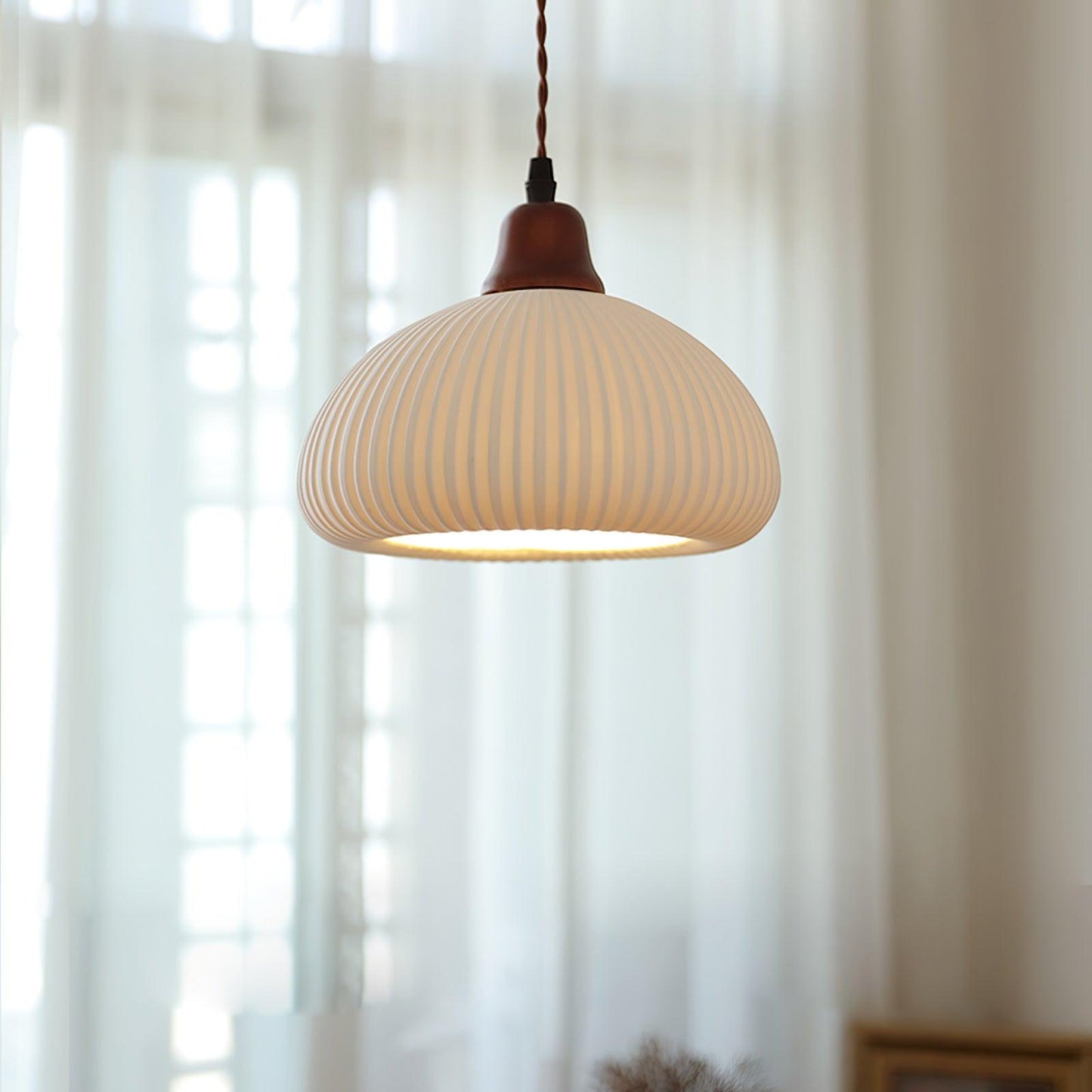 Ceramic Pendant Light with Ribbed Design and Wooden Details for Atmospheric Lighting