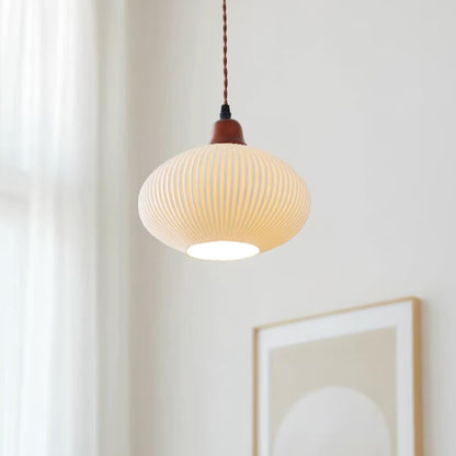 Ceramic Pendant Light with Ribbed Design and Wooden Details for Atmospheric Lighting