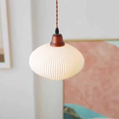 Ceramic Pendant Light with Ribbed Design and Wooden Details for Atmospheric Lighting