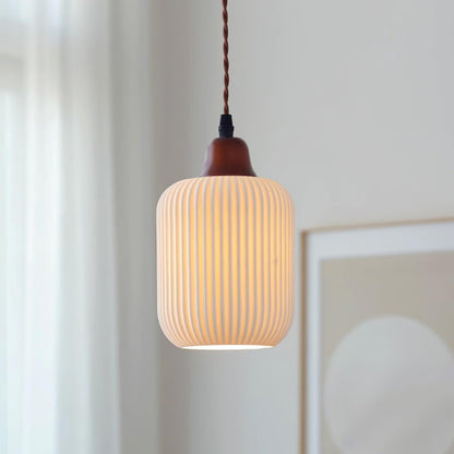 Ceramic Pendant Light with Ribbed Design and Wooden Details for Atmospheric Lighting