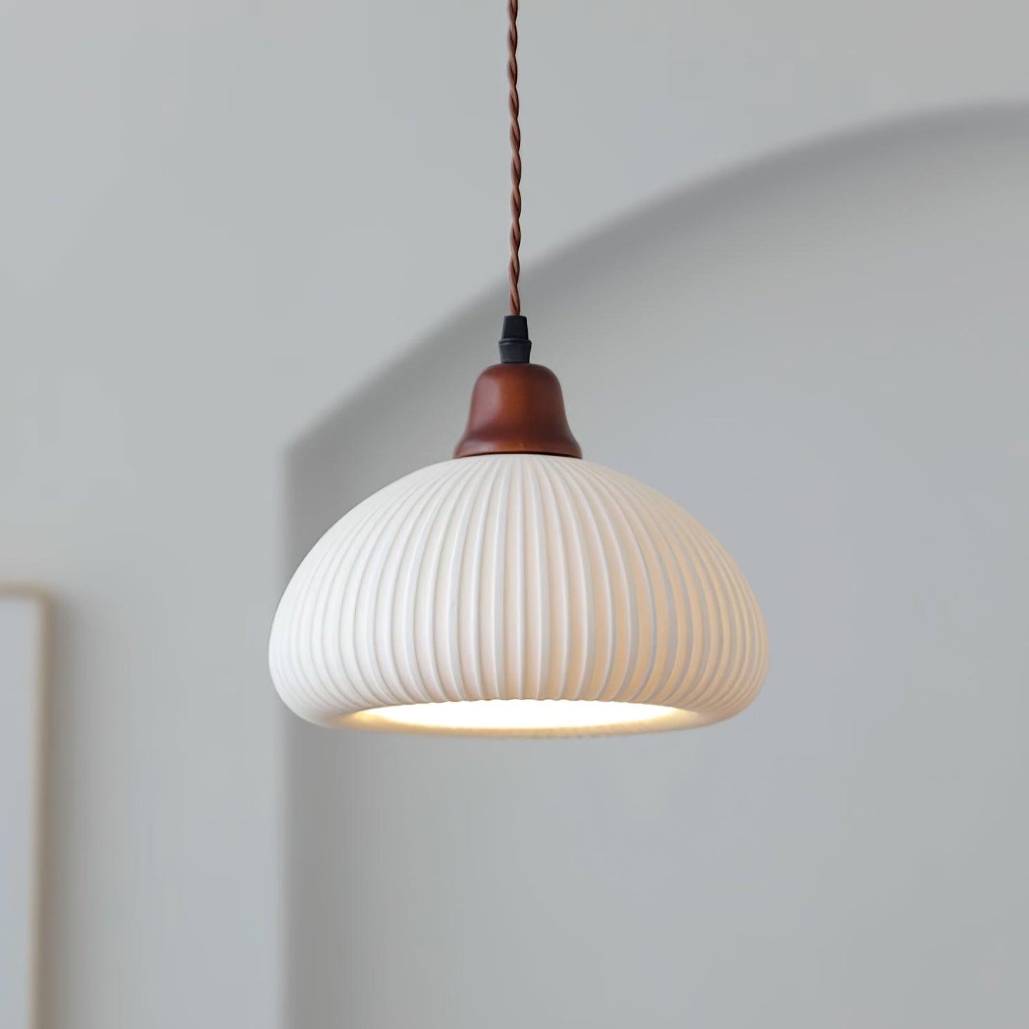 Ceramic Pendant Light with Ribbed Design and Wooden Details for Atmospheric Lighting