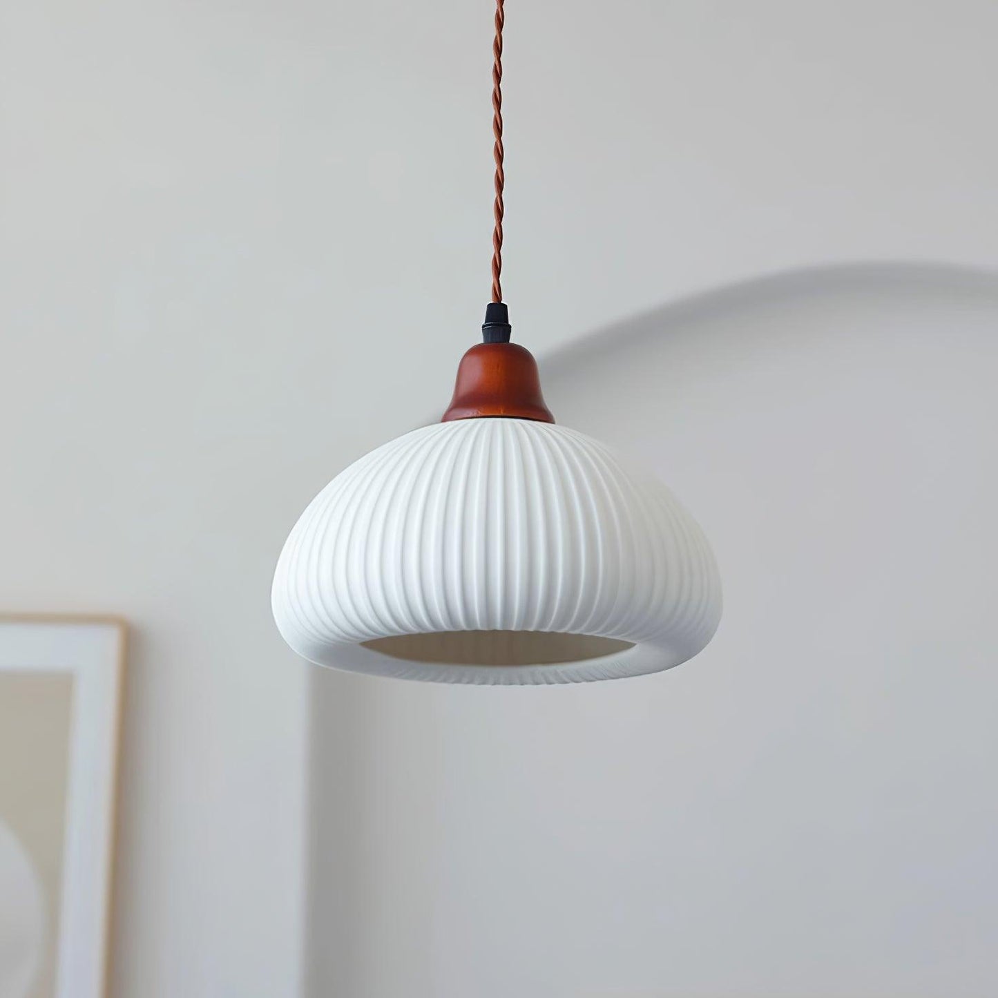 Ceramic Pendant Light with Ribbed Design and Wooden Details for Atmospheric Lighting