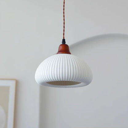 Ceramic Pendant Light with Ribbed Design and Wooden Details for Atmospheric Lighting