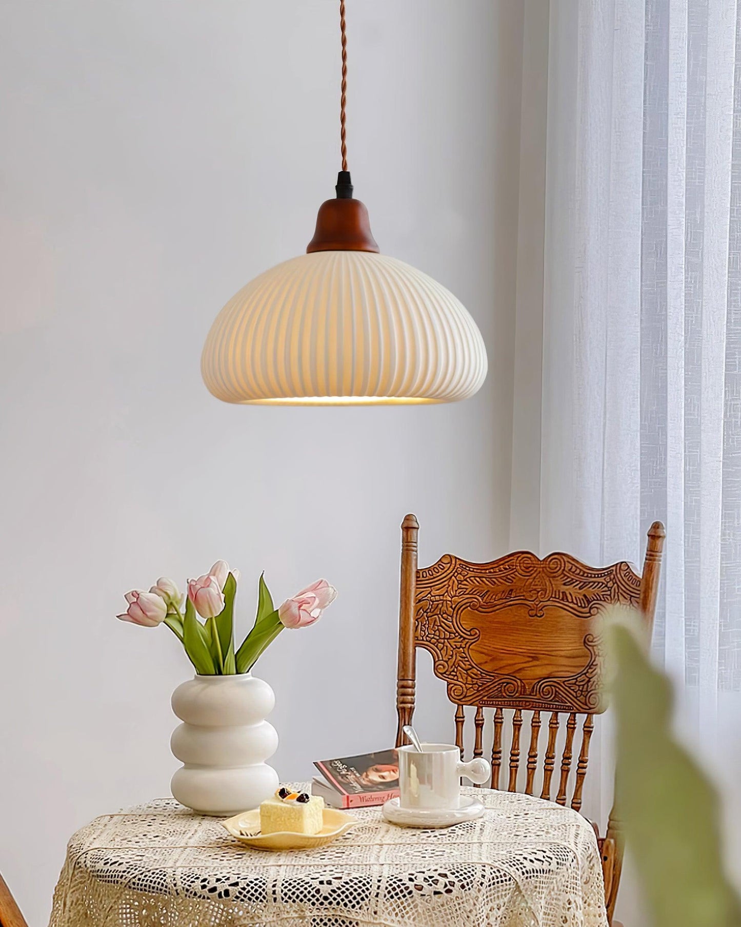Ceramic Pendant Light with Ribbed Design and Wooden Details for Atmospheric Lighting