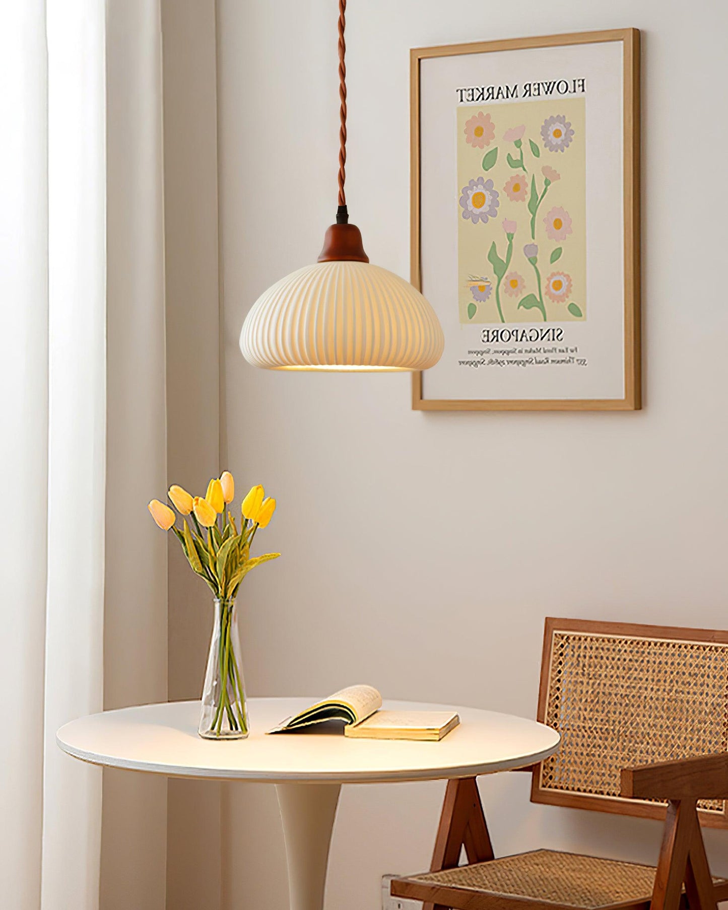 Ceramic Pendant Light with Ribbed Design and Wooden Details for Atmospheric Lighting