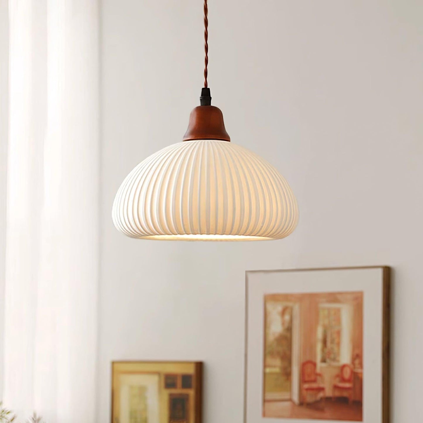 Ceramic Pendant Light with Ribbed Design and Wooden Details for Atmospheric Lighting