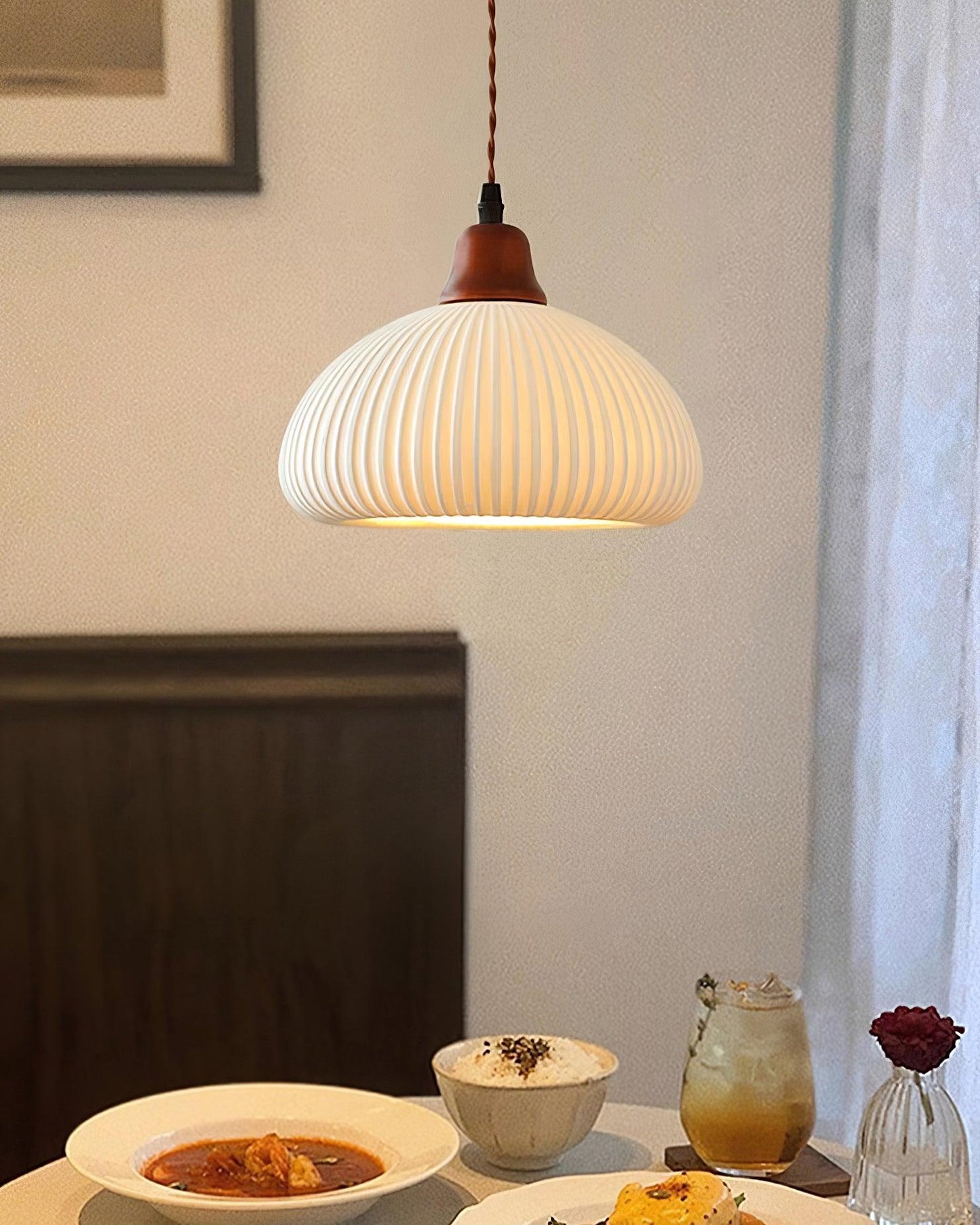 Ceramic Pendant Light with Ribbed Design and Wooden Details for Atmospheric Lighting