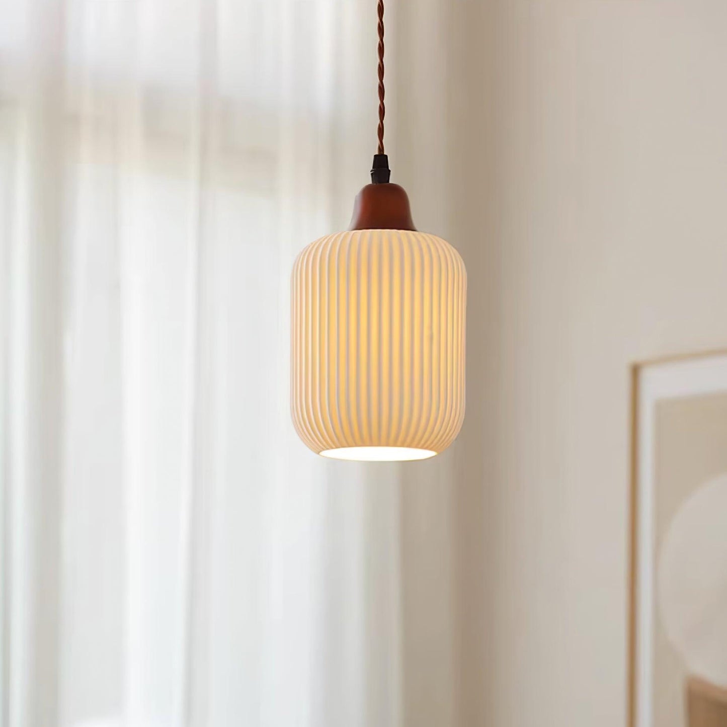 Ceramic Pendant Light with Ribbed Design and Wooden Details for Atmospheric Lighting