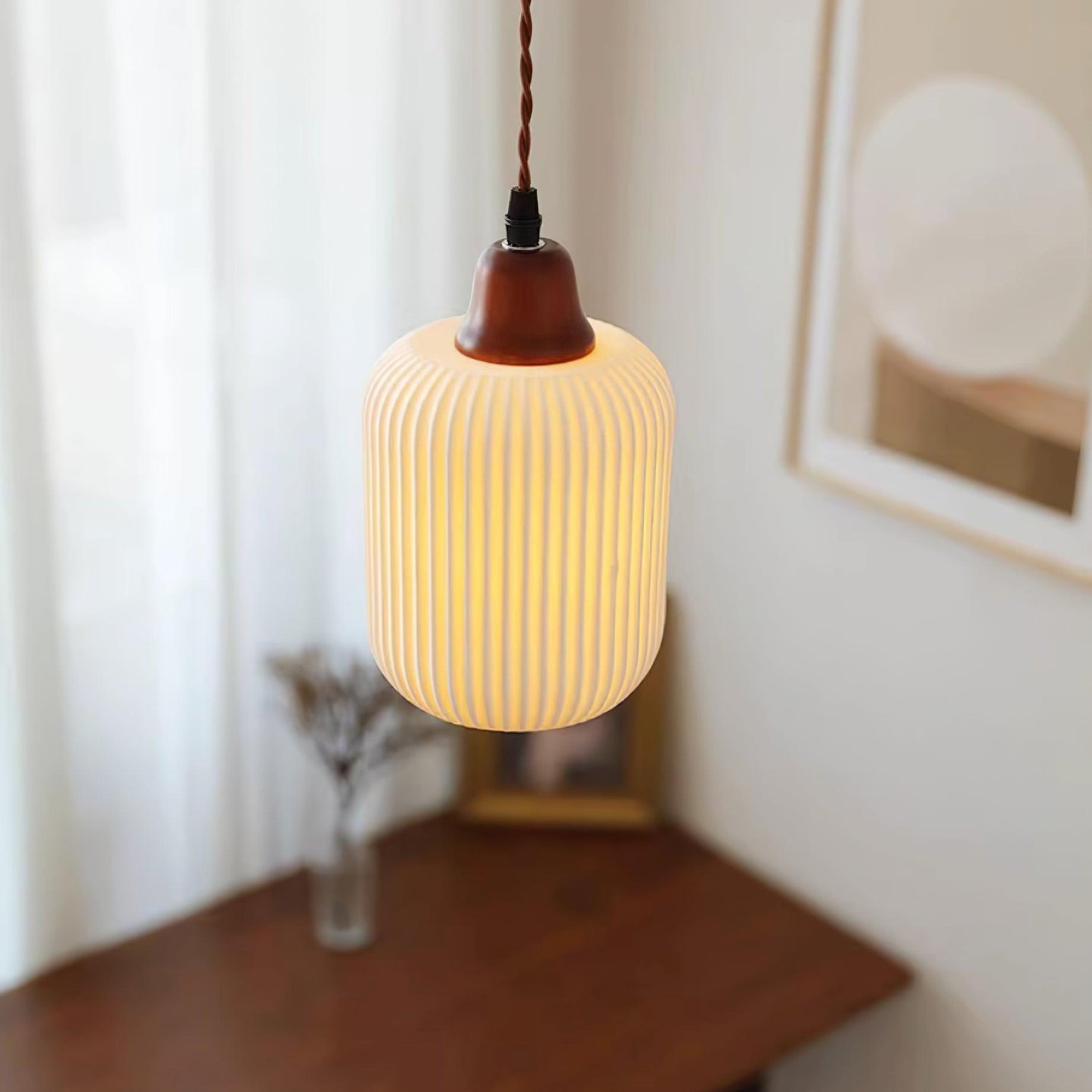 Ceramic Pendant Light with Ribbed Design and Wooden Details for Atmospheric Lighting
