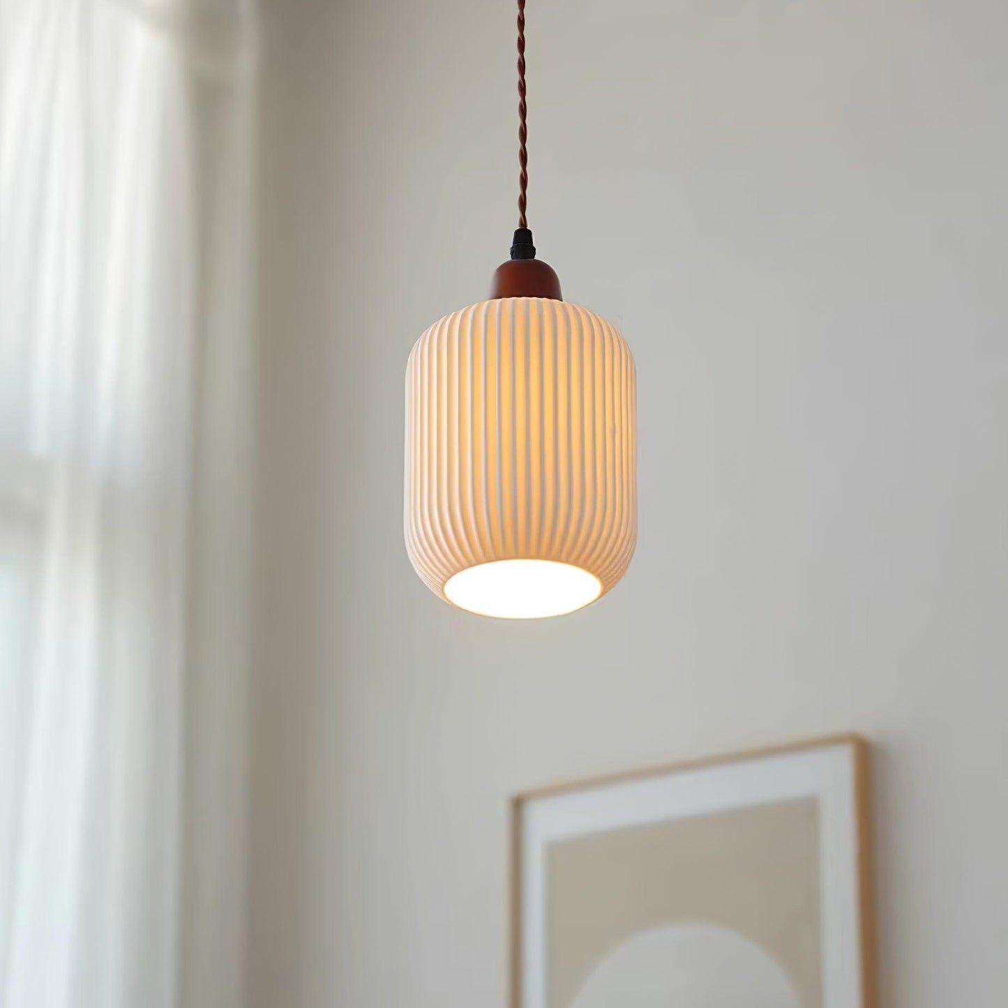 Ceramic Pendant Light with Ribbed Design and Wooden Details for Atmospheric Lighting