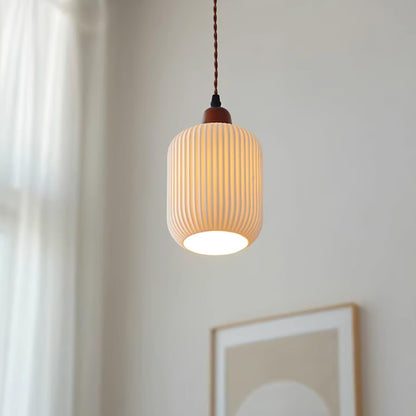 Ceramic Pendant Light with Ribbed Design and Wooden Details for Atmospheric Lighting