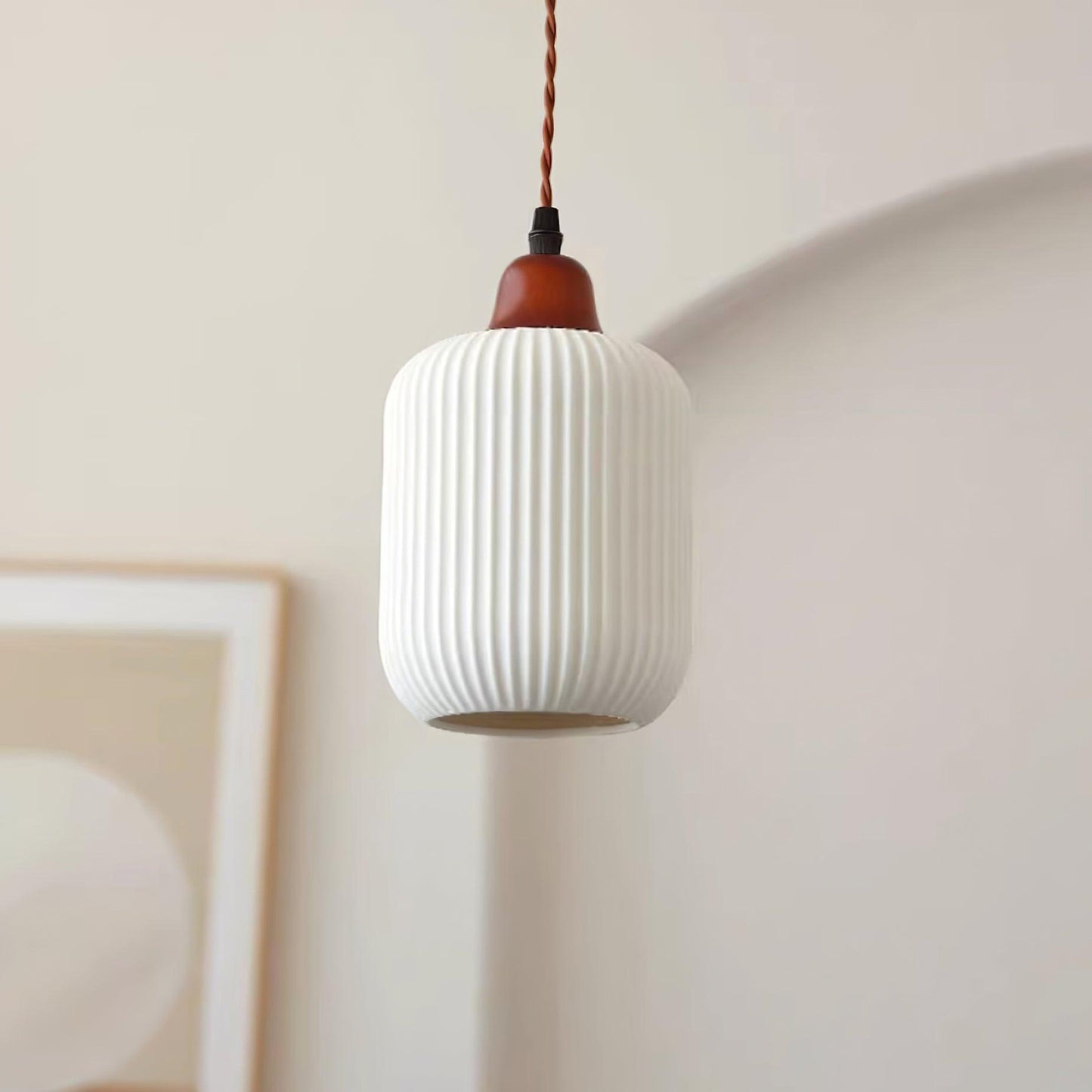 Ceramic Pendant Light with Ribbed Design and Wooden Details for Atmospheric Lighting
