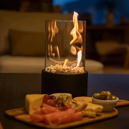 Table with Bioethanol Fireplace with Glass and Metal Base for Indoor and Outdoor Use