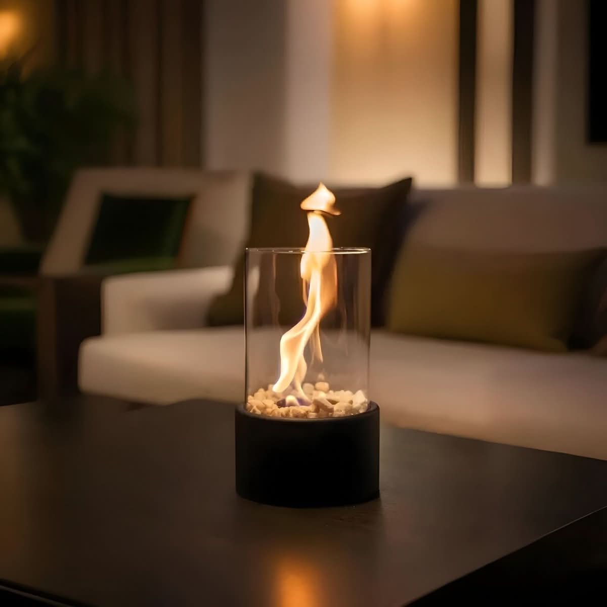 Table with Bioethanol Fireplace with Glass and Metal Base for Indoor and Outdoor Use