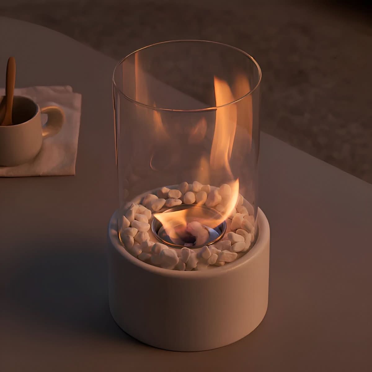 Table with Bioethanol Fireplace with Glass and Metal Base for Indoor and Outdoor Use