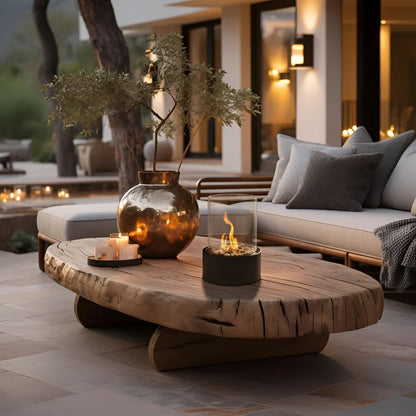 Table with Bioethanol Fireplace with Glass and Metal Base for Indoor and Outdoor Use