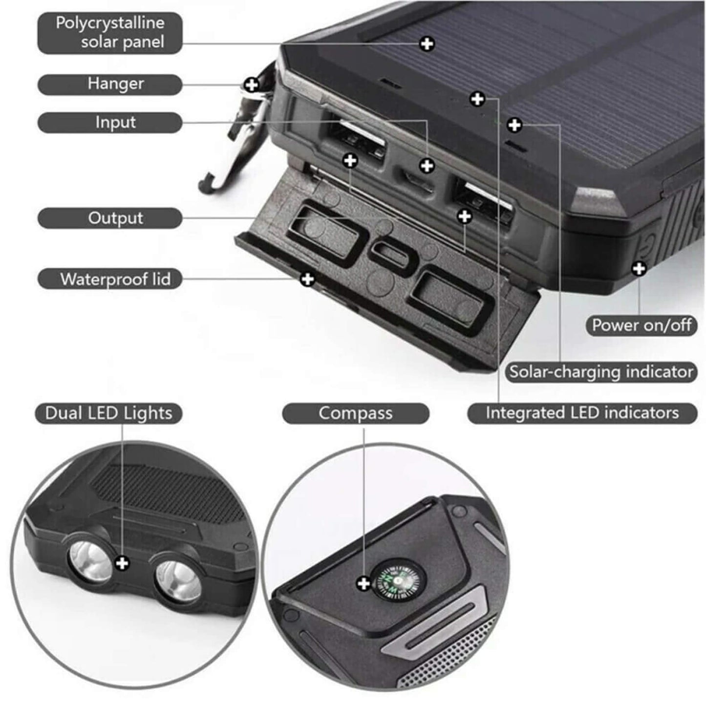 20000mah Solar Power Bank for Waterproof, Rugged & with Torch