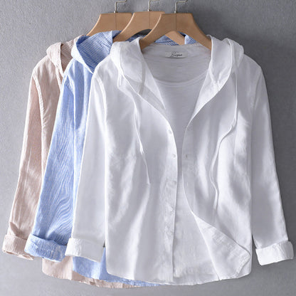 Loose Fit Women's Blouse with Hood in Airy Cotton Linen Blend
