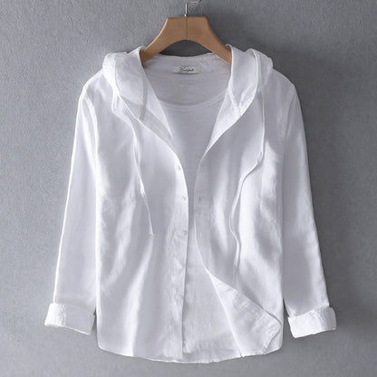 Loose Fit Women's Blouse with Hood in Airy Cotton Linen Blend