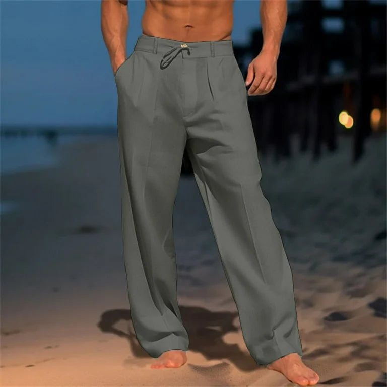 Men's Linen Trousers with Relaxed Fit and Adjustable Waist