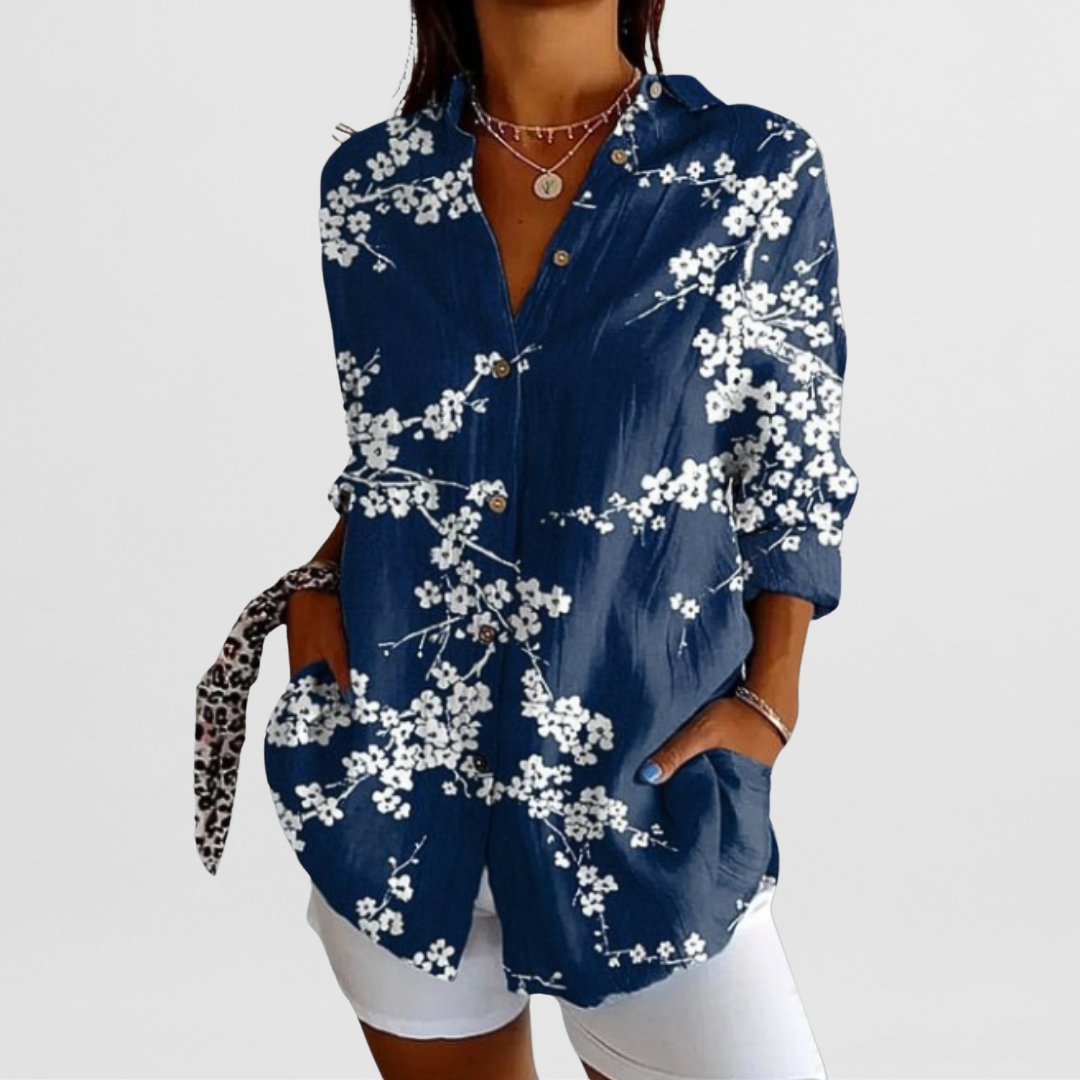 Ladies' Blouse with Tropical Floral Pattern and Loose Fit
