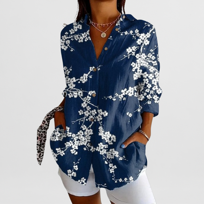 Ladies' Blouse with Tropical Floral Pattern and Loose Fit