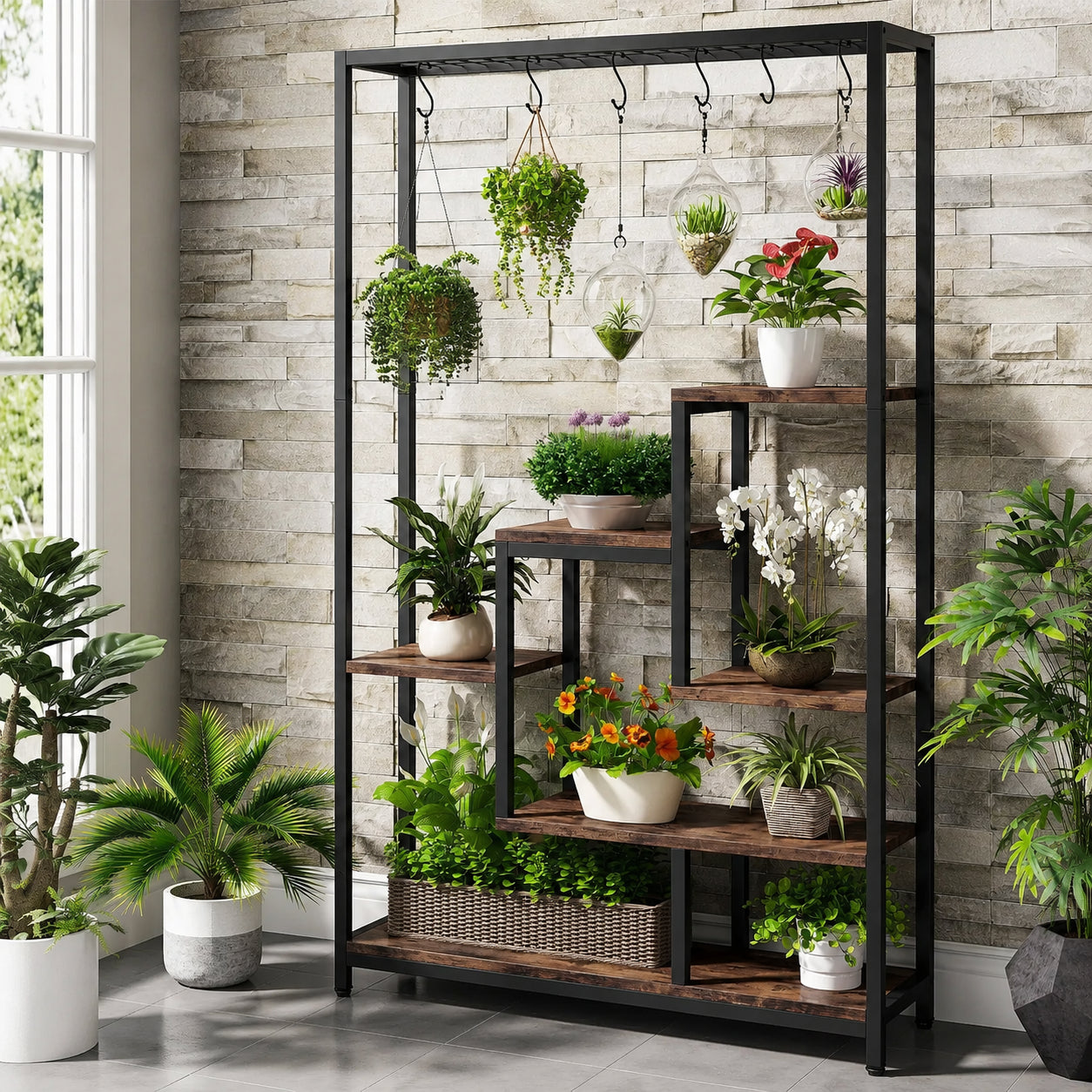 Five-tier plant stand with ten S-hooks for hanging plants