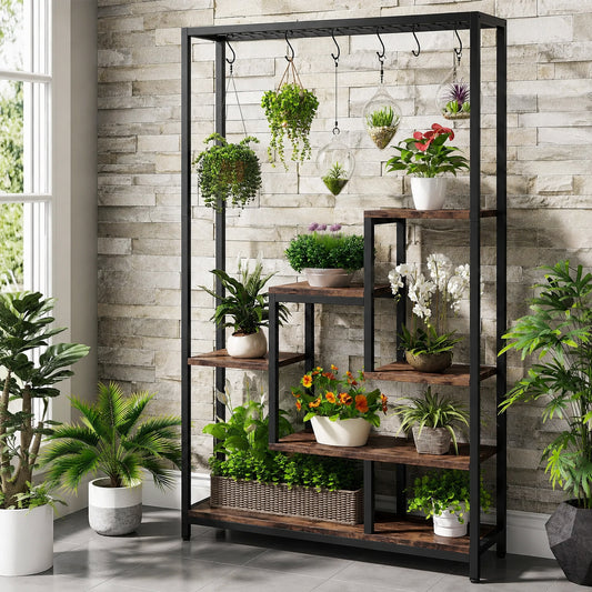 Five-tier plant stand with ten S-hooks for hanging plants