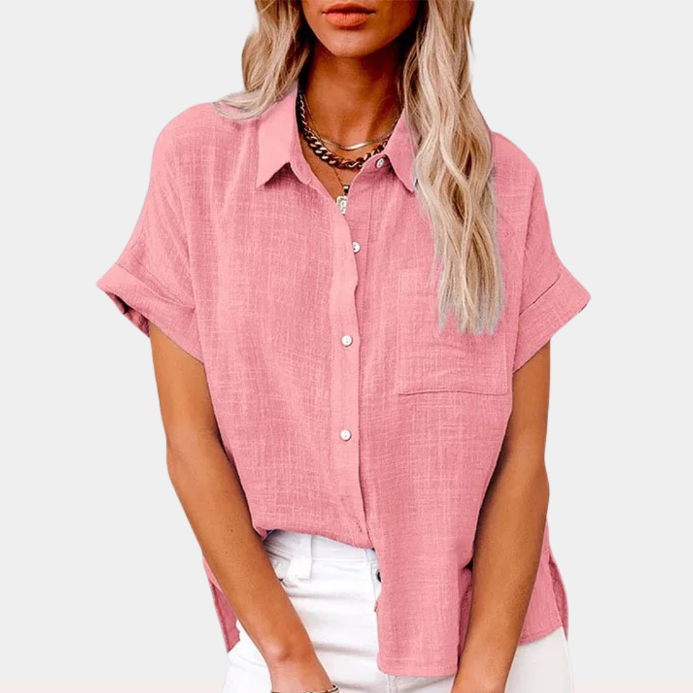 Summer Shirt Linen Blouse for Women with Button Closure and Short Sleeves