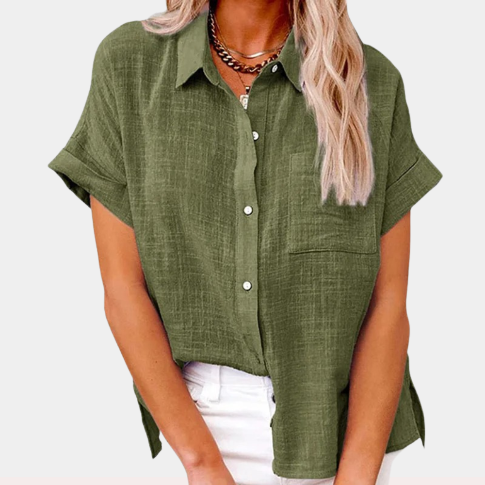 Summer Shirt Linen Blouse for Women with Button Closure and Short Sleeves