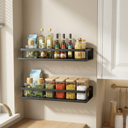 Shelf with Metal Kitchen Wall Black for Space-Saving Storage Rack with Hooks