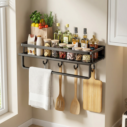 Shelf with Metal Kitchen Wall Black for Space-Saving Storage Rack with Hooks
